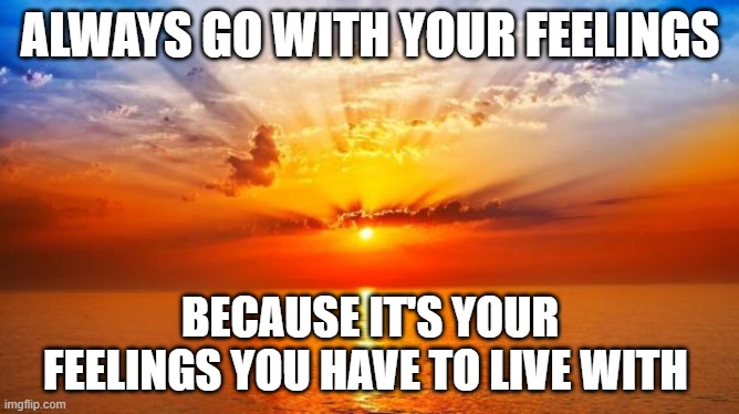 Always Go With Your Feelings | ALWAYS GO WITH YOUR FEELINGS; BECAUSE IT'S YOUR FEELINGS YOU HAVE TO LIVE WITH | image tagged in sunrise | made w/ Imgflip meme maker