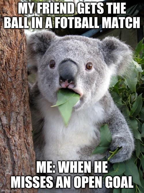 Huh | MY FRIEND GETS THE BALL IN A FOTBALL MATCH; ME: WHEN HE MISSES AN OPEN GOAL | image tagged in memes,surprised koala | made w/ Imgflip meme maker