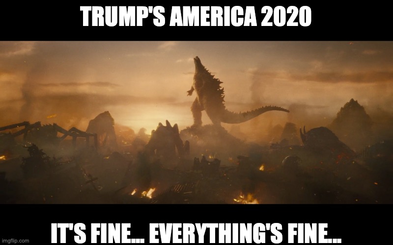 Godzilla Trumps america 2020 | TRUMP'S AMERICA 2020; IT'S FINE... EVERYTHING'S FINE... | image tagged in godzilla,trump,2020,politics | made w/ Imgflip meme maker