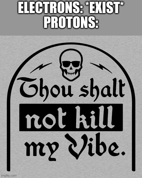 feel free to use this template | ELECTRONS: *EXIST*
PROTONS: | image tagged in thou shalt not kill my vibe,science,atoms | made w/ Imgflip meme maker
