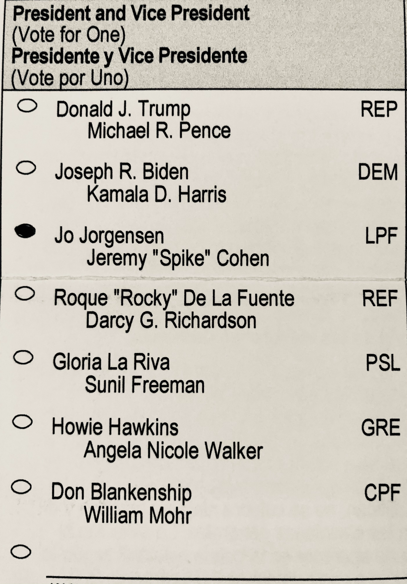 Jorgensen Presidential Ballot 2020 Blank Meme Template