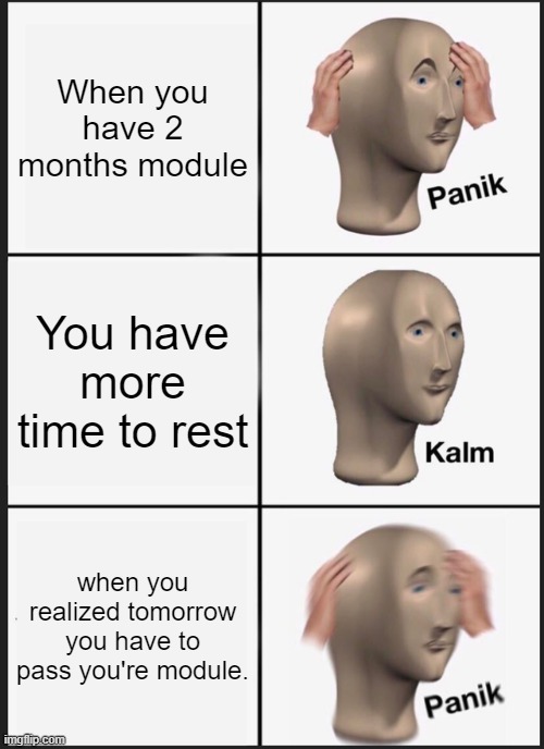 We hate module | When you have 2 months module; You have more time to rest; when you realized tomorrow you have to pass you're module. | image tagged in memes,panik kalm panik | made w/ Imgflip meme maker