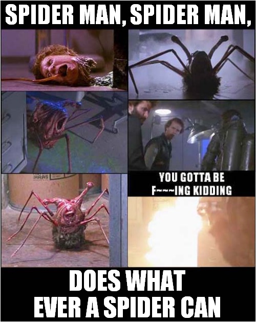 'Spiderman' From 'The Thing' | SPIDER MAN, SPIDER MAN, DOES WHAT EVER A SPIDER CAN | image tagged in spiderman,the thing,film,1980's' | made w/ Imgflip meme maker