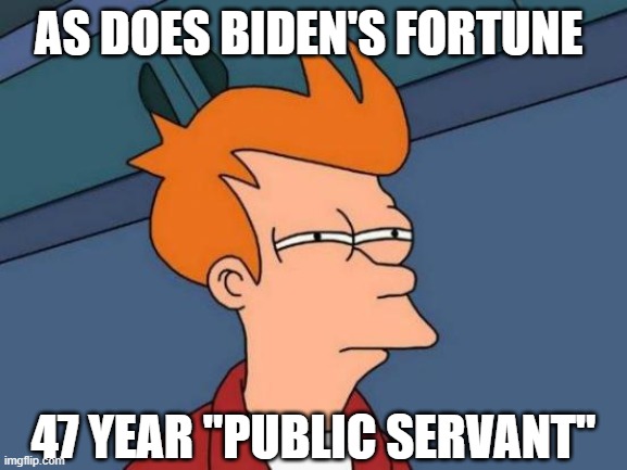 Futurama Fry Meme | AS DOES BIDEN'S FORTUNE 47 YEAR "PUBLIC SERVANT" | image tagged in memes,futurama fry | made w/ Imgflip meme maker