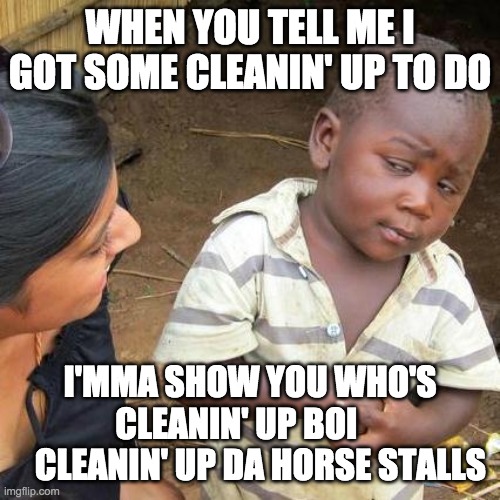 suspicious kid | WHEN YOU TELL ME I GOT SOME CLEANIN' UP TO DO; I'MMA SHOW YOU WHO'S CLEANIN' UP BOI    
   CLEANIN' UP DA HORSE STALLS | image tagged in memes,third world skeptical kid | made w/ Imgflip meme maker