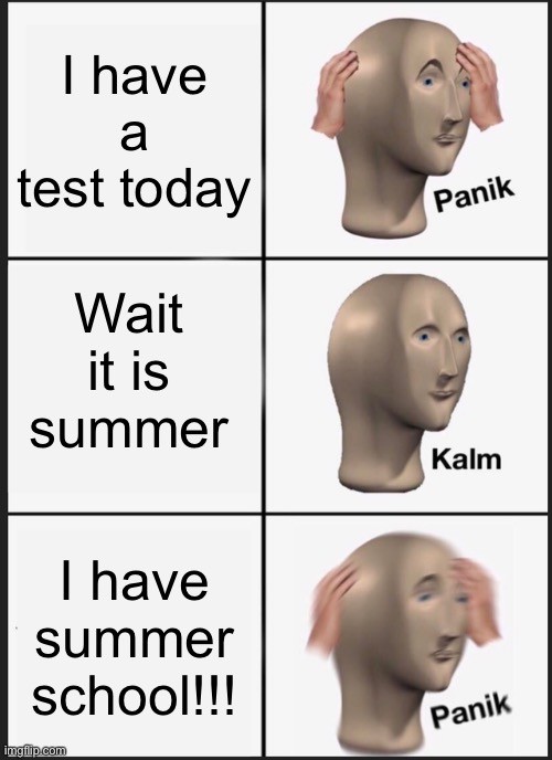 Panik Kalm Panik | I have a test today; Wait it is summer; I have summer school!!! | image tagged in memes,panik kalm panik | made w/ Imgflip meme maker