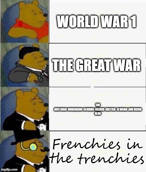 Tuxedo Winnie the Pooh 4 panel | WORLD WAR 1; THE GREAT WAR; THE AUSTRIAN-HUNGARIAN-GERMAN-FRENCH-BRITISH-SERBIAN-AMERICAN WAR; Frenchies in the trenchies | image tagged in tuxedo winnie the pooh 4 panel | made w/ Imgflip meme maker