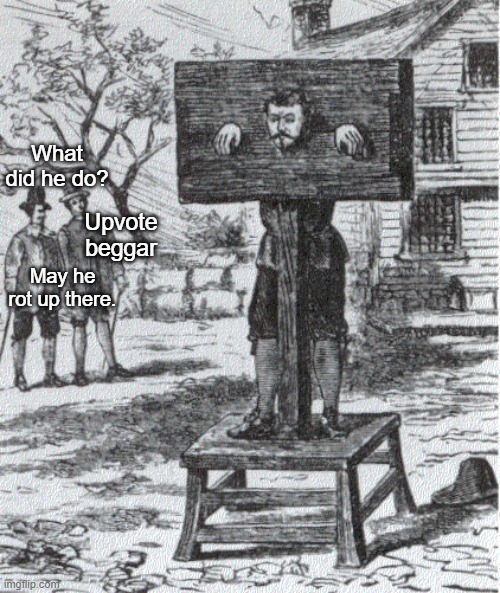 stock and pillory | What did he do? Upvote beggar May he rot up there. | image tagged in stock and pillory | made w/ Imgflip meme maker