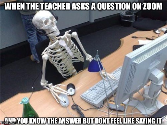 Anyone else? | WHEN THE TEACHER ASKS A QUESTION ON ZOOM; AND YOU KNOW THE ANSWER BUT DONT FEEL LIKE SAYING IT | image tagged in waiting skeleton,zoom,memes | made w/ Imgflip meme maker