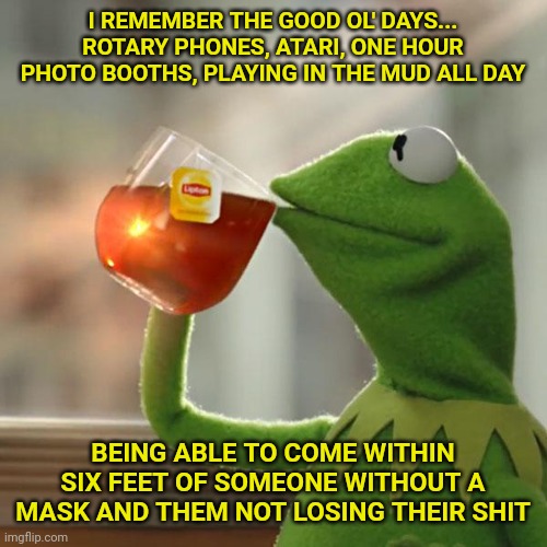 But That's None Of My Business | I REMEMBER THE GOOD OL' DAYS... ROTARY PHONES, ATARI, ONE HOUR PHOTO BOOTHS, PLAYING IN THE MUD ALL DAY; BEING ABLE TO COME WITHIN SIX FEET OF SOMEONE WITHOUT A MASK AND THEM NOT LOSING THEIR SHIT | image tagged in memes,but that's none of my business,kermit the frog | made w/ Imgflip meme maker