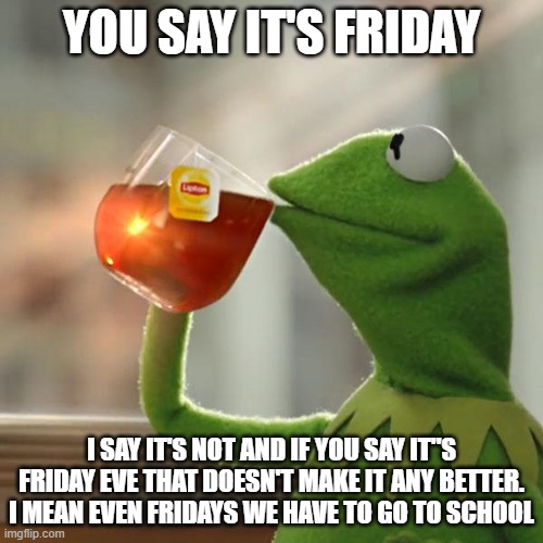 When you say it's Friday Eve | YOU SAY IT'S FRIDAY; I SAY IT'S NOT AND IF YOU SAY IT"S FRIDAY EVE THAT DOESN'T MAKE IT ANY BETTER. I MEAN EVEN FRIDAYS WE HAVE TO GO TO SCHOOL | image tagged in memes,kermit the frog | made w/ Imgflip meme maker