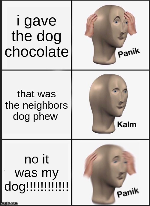 ijutgesko, | i gave the dog chocolate; that was the neighbors dog phew; no it was my dog!!!!!!!!!!!! | image tagged in memes,panik kalm panik | made w/ Imgflip meme maker