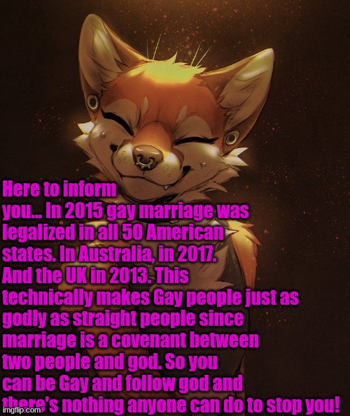 We're winning | Here to inform you... In 2015 gay marriage was legalized in all 50 American states. In Australia, in 2017. And the UK in 2013. This technically makes Gay people just as godly as straight people since marriage is a covenant between two people and god. So you can be Gay and follow god and there's nothing anyone can do to stop you! | made w/ Imgflip meme maker