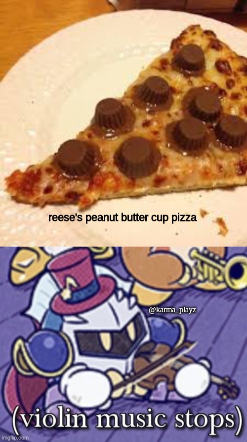 who would make this disgusting atrocity of a pizza?! | reese's peanut butter cup pizza; @karma_playz | image tagged in violin music stops,bad food combo | made w/ Imgflip meme maker