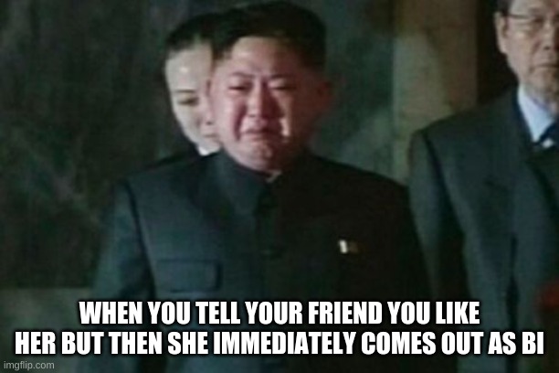 it was a level 9000 rejection | WHEN YOU TELL YOUR FRIEND YOU LIKE HER BUT THEN SHE IMMEDIATELY COMES OUT AS BI | image tagged in memes,kim jong un sad | made w/ Imgflip meme maker