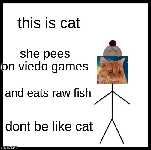 Be Like Bill Meme | this is cat; she pees on viedo games; and eats raw fish; dont be like cat | image tagged in memes,be like bill | made w/ Imgflip meme maker