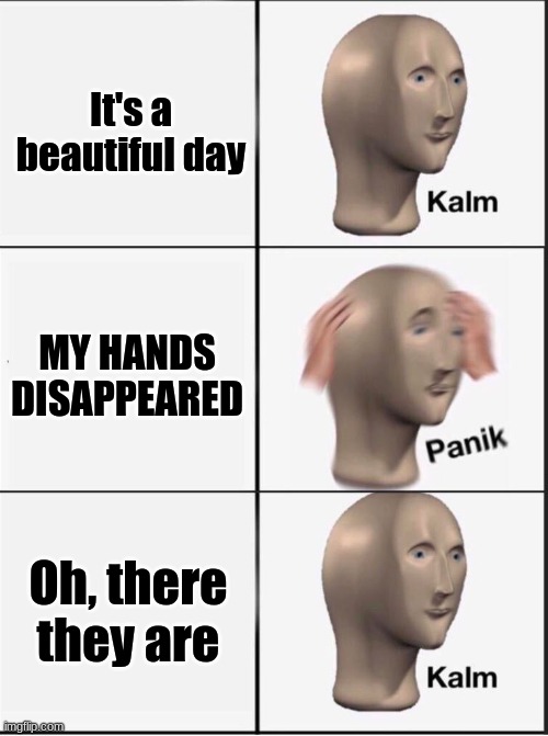 Reverse kalm panik | It's a beautiful day; MY HANDS DISAPPEARED; Oh, there they are | image tagged in reverse kalm panik | made w/ Imgflip meme maker
