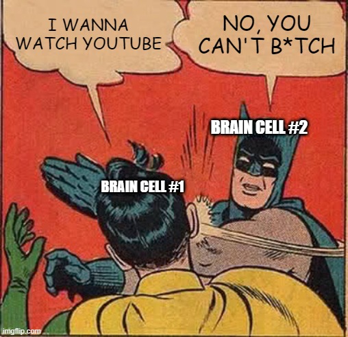 Batman Slapping Robin | I WANNA WATCH YOUTUBE; NO, YOU CAN'T B*TCH; BRAIN CELL #2; BRAIN CELL #1 | image tagged in memes,batman slapping robin | made w/ Imgflip meme maker