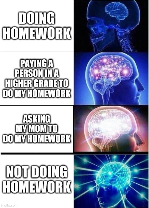 home work |  DOING HOMEWORK; PAYING A PERSON IN A HIGHER GRADE TO DO MY HOMEWORK; ASKING MY MOM TO DO MY HOMEWORK; NOT DOING HOMEWORK | image tagged in memes,expanding brain | made w/ Imgflip meme maker