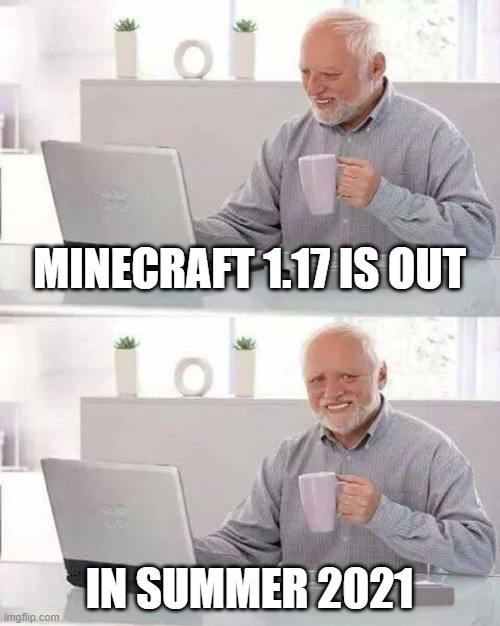 Hide the Pain Harold | MINECRAFT 1.17 IS OUT; IN SUMMER 2021 | image tagged in memes,hide the pain harold | made w/ Imgflip meme maker