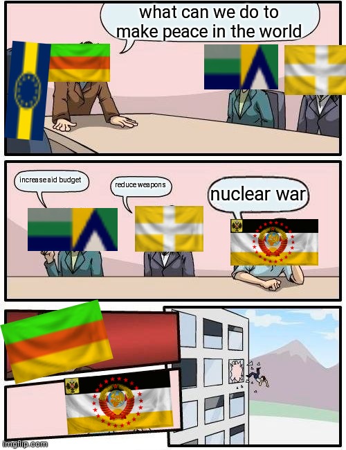 Boardroom Meeting Suggestion Meme | what can we do to make peace in the world; increase aid budget; reduce weapons; nuclear war | image tagged in memes,boardroom meeting suggestion | made w/ Imgflip meme maker