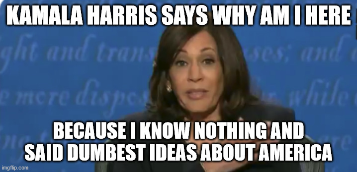 Kamala Harris the dumbest VP candidate in US History | KAMALA HARRIS SAYS WHY AM I HERE; BECAUSE I KNOW NOTHING AND SAID DUMBEST IDEAS ABOUT AMERICA | image tagged in kamala harris,election 2020,democratic party | made w/ Imgflip meme maker