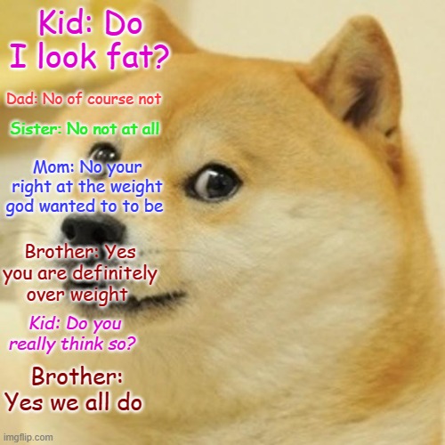Doge | Kid: Do I look fat? Dad: No of course not; Sister: No not at all; Mom: No your right at the weight god wanted to to be; Brother: Yes you are definitely over weight; Kid: Do you really think so? Brother: Yes we all do | image tagged in memes,doge | made w/ Imgflip meme maker