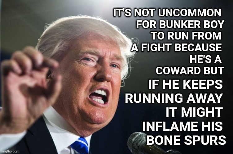 Running Scared | IT'S NOT UNCOMMON 
FOR BUNKER BOY
 TO RUN FROM 
A FIGHT BECAUSE 
HE'S A 
COWARD BUT; IF HE KEEPS 
RUNNING AWAY 
IT MIGHT 
INFLAME HIS 
BONE SPURS | image tagged in donald trump,trump unfit unqualified dangerous,liar in chief,scared trump,memes,little girl running away | made w/ Imgflip meme maker