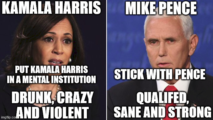 A tale of 2 VP candidates. Kamala and Mike | KAMALA HARRIS; MIKE PENCE; STICK WITH PENCE; PUT KAMALA HARRIS IN A MENTAL INSTITUTION; DRUNK, CRAZY AND VIOLENT; QUALIFED, SANE AND STRONG | image tagged in mike pence vp,kamala harris,vp debate,trump 2020,2020 sucks,election 2020 | made w/ Imgflip meme maker