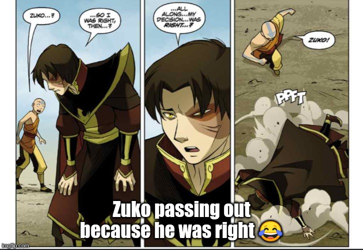 Zuko passing out because he was right ? | Zuko passing out because he was right 😂 | image tagged in zuko and aang,lol,zuko,aang,avatar the last airbender | made w/ Imgflip meme maker