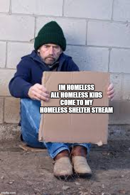 Homeless Shelter https://imgflip.com/m/Imgflip_Homeless | IM HOMELESS ALL HOMELESS KIDS COME TO MY HOMELESS SHELTER STREAM | image tagged in homeless sign | made w/ Imgflip meme maker