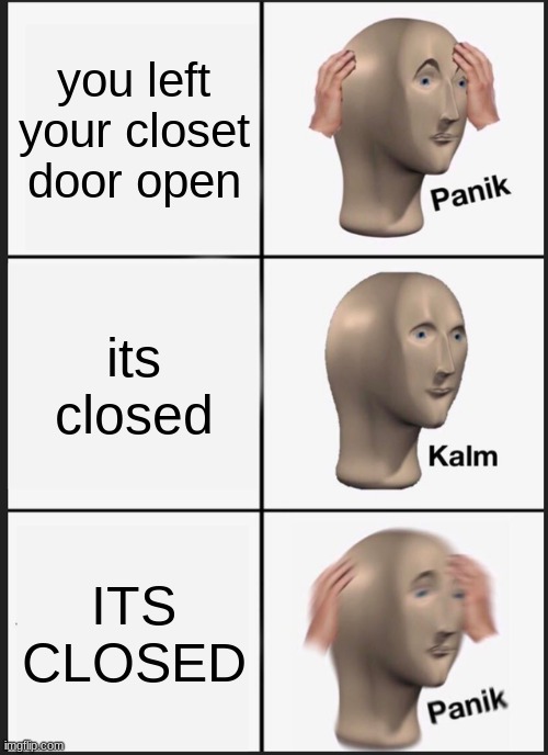 sKrEE | you left your closet door open; its closed; ITS CLOSED | image tagged in memes,panik kalm panik | made w/ Imgflip meme maker