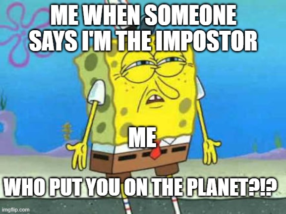 Bruh |  ME WHEN SOMEONE SAYS I'M THE IMPOSTOR; ME; WHO PUT YOU ON THE PLANET?!? | image tagged in who put you on the planet,among us,imposter,spongebob | made w/ Imgflip meme maker