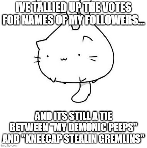 follower names | IVE TALLIED UP THE VOTES FOR NAMES OF MY FOLLOWERS... AND ITS STILL A TIE BETWEEN "MY DEMONIC PEEPS" AND "KNEECAP STEALIN GREMLINS" | image tagged in cat,followers,points | made w/ Imgflip meme maker