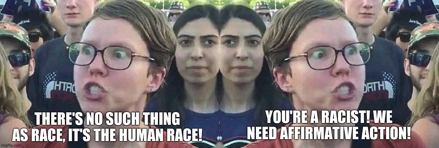 Cognitive dissonance | YOU'RE A RACIST! WE NEED AFFIRMATIVE ACTION! THERE'S NO SUCH THING AS RACE, IT'S THE HUMAN RACE! | image tagged in triggered liberal | made w/ Imgflip meme maker