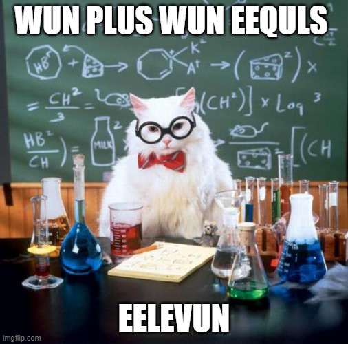 math cat | WUN PLUS WUN EEQULS; EELEVUN | image tagged in memes,chemistry cat | made w/ Imgflip meme maker