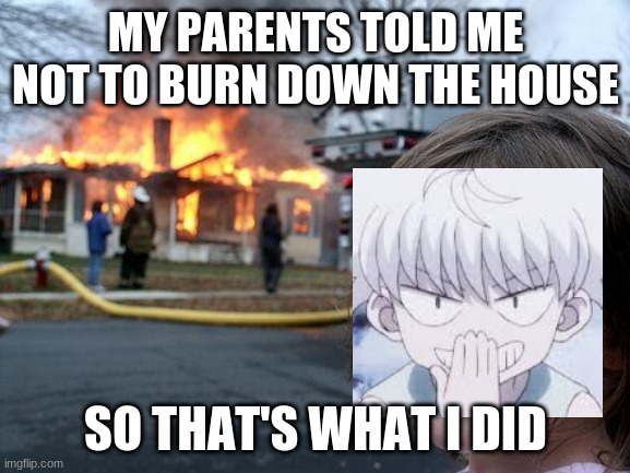 Disaster Girl | MY PARENTS TOLD ME NOT TO BURN DOWN THE HOUSE; SO THAT'S WHAT I DID | image tagged in memes,disaster girl | made w/ Imgflip meme maker