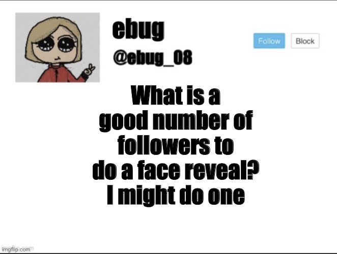 What is a good number of followers to do a face reveal? I might do one | image tagged in ebug_08 update | made w/ Imgflip meme maker