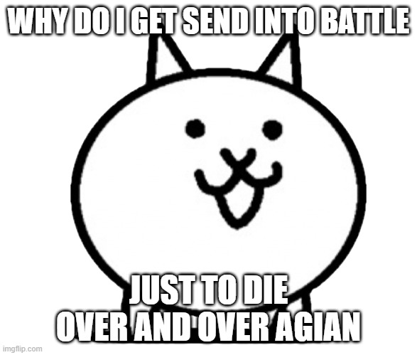 Battle Cats Basic Cat | WHY DO I GET SEND INTO BATTLE; JUST TO DIE OVER AND OVER AGIAN | image tagged in battle cats basic cat | made w/ Imgflip meme maker