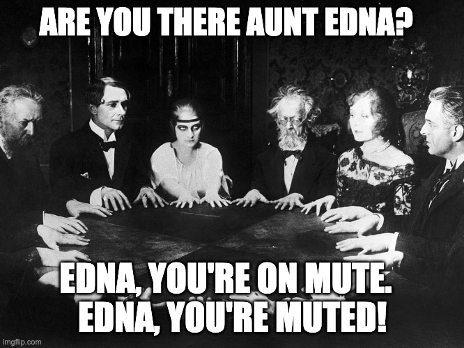 Zoom Seance | ARE YOU THERE AUNT EDNA? EDNA, YOU'RE ON MUTE.  
EDNA, YOU'RE MUTED! | image tagged in zoom,seance | made w/ Imgflip meme maker
