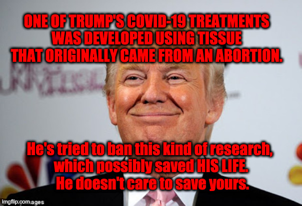 The sitting president | ONE OF TRUMP'S COVID-19 TREATMENTS 
WAS DEVELOPED USING TISSUE 
THAT ORIGINALLY CAME FROM AN ABORTION. He's tried to ban this kind of research, 
which possibly saved HIS LIFE.
 He doesn't care to save yours. | image tagged in donald trump memes | made w/ Imgflip meme maker