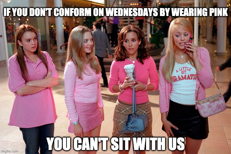 mean girls | IF YOU DON'T CONFORM ON WEDNESDAYS BY WEARING PINK; YOU CAN'T SIT WITH US | image tagged in mean girls | made w/ Imgflip meme maker