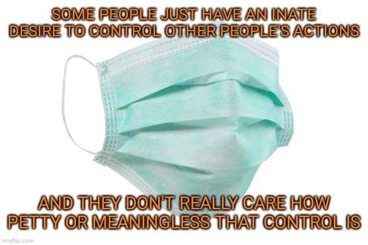 Face mask | SOME PEOPLE JUST HAVE AN INATE DESIRE TO CONTROL OTHER PEOPLE'S ACTIONS; AND THEY DON'T REALLY CARE HOW PETTY OR MEANINGLESS THAT CONTROL IS | image tagged in face mask | made w/ Imgflip meme maker