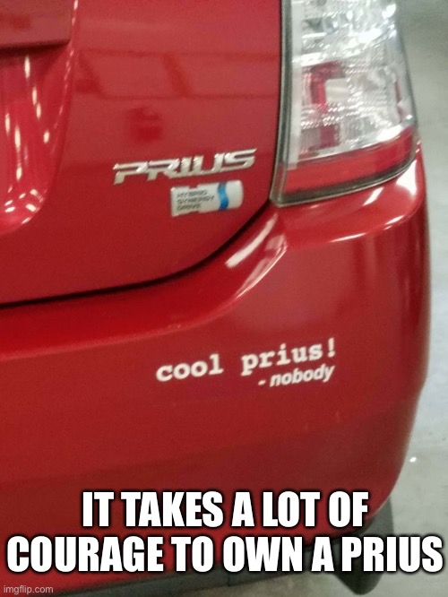 IT TAKES A LOT OF COURAGE TO OWN A PRIUS | image tagged in funny memes,prius | made w/ Imgflip meme maker