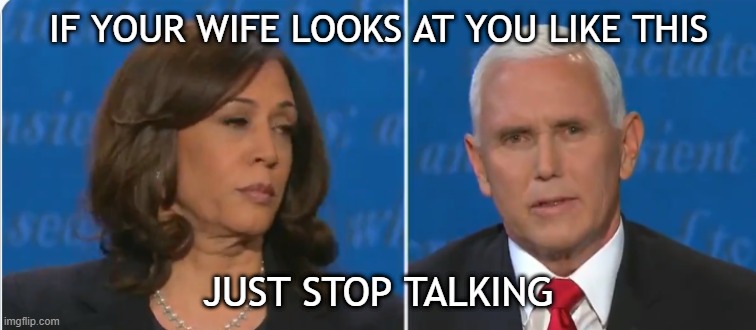 It's true tho |  IF YOUR WIFE LOOKS AT YOU LIKE THIS; JUST STOP TALKING | image tagged in kamala harris,joe biden,donald trump,mike pence,marriage | made w/ Imgflip meme maker