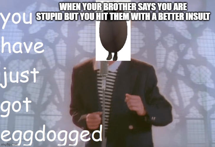 WHEN YOUR BROTHER SAYS YOU ARE STUPID BUT YOU HIT THEM WITH A BETTER INSULT | image tagged in eggdogged,eggdog rick roll,eggdog,funny memes | made w/ Imgflip meme maker