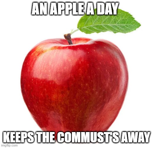 apple | AN APPLE A DAY; KEEPS THE COMMUST'S AWAY | image tagged in apple | made w/ Imgflip meme maker