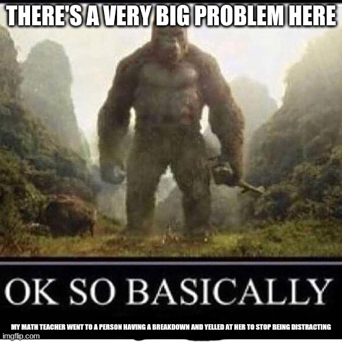 WTF! | THERE'S A VERY BIG PROBLEM HERE; MY MATH TEACHER WENT TO A PERSON HAVING A BREAKDOWN AND YELLED AT HER TO STOP BEING DISTRACTING | image tagged in ok so basicallly i'm monky | made w/ Imgflip meme maker