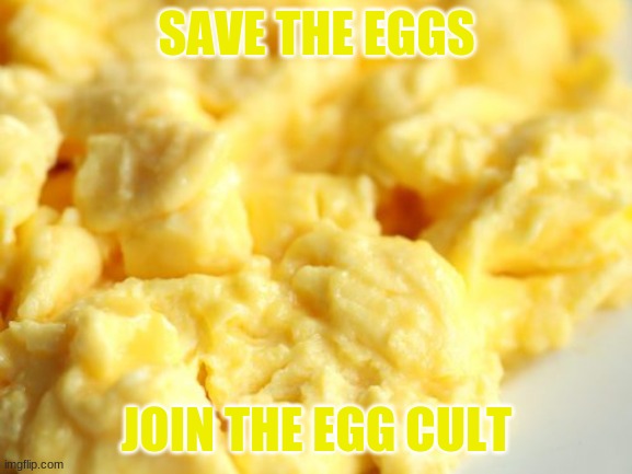 Save the Eggs | SAVE THE EGGS; JOIN THE EGG CULT | image tagged in save the eggs | made w/ Imgflip meme maker