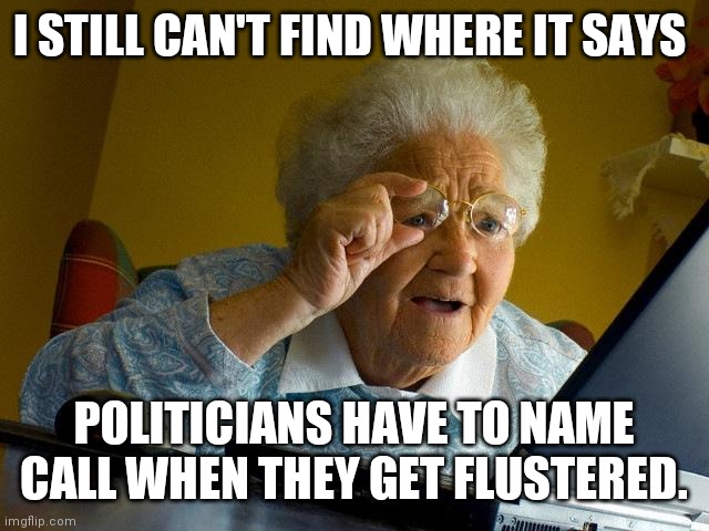 Politicians name calling | I STILL CAN'T FIND WHERE IT SAYS; POLITICIANS HAVE TO NAME CALL WHEN THEY GET FLUSTERED. | image tagged in memes,grandma finds the internet | made w/ Imgflip meme maker